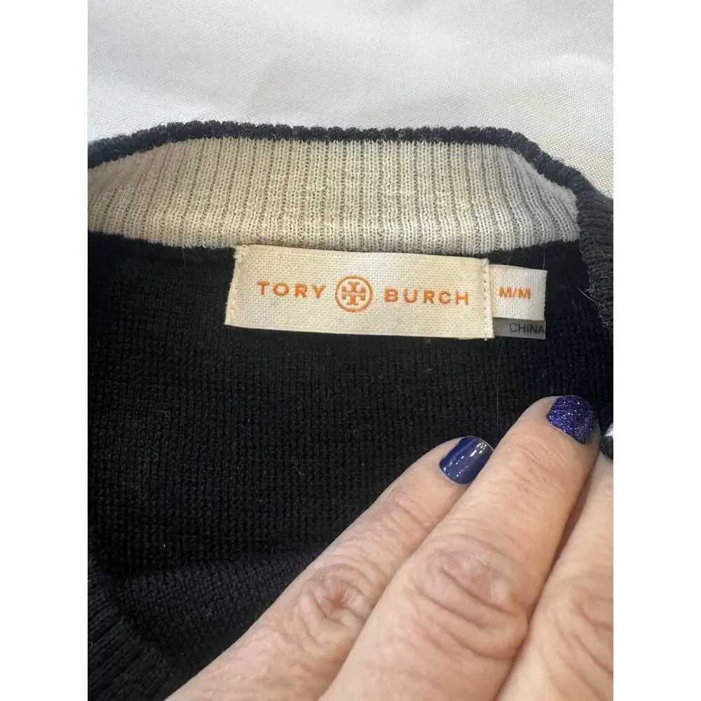 Tory Burch Black 100% Merino Wool Shoulder Placket Sweater Size M